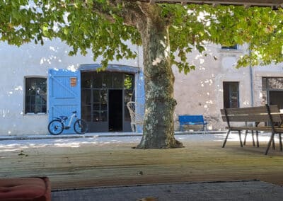 Entrée du bâtiment avec vélo et terrasse sous un platane